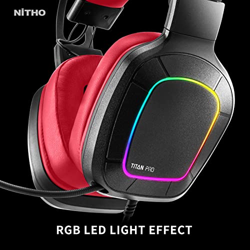 Nitho Titan PRO 7.1 Surround Gaming Headset with Cardioid Microphone for PS5, PS4, PC, Laptop, Over-Ear Stereo Wired Gaming Headphones with RGB LED Light, 3.5 mm Audio Jack, 50 mm Drivers - Red - Image 3