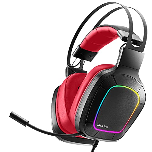 Nitho Titan PRO 7.1 Surround Gaming Headset with Cardioid Microphone for PS5, PS4, PC, Laptop, Over-Ear Stereo Wired Gaming Headphones with RGB LED Light, 3.5 mm Audio Jack, 50 mm Drivers - Red - Image 1