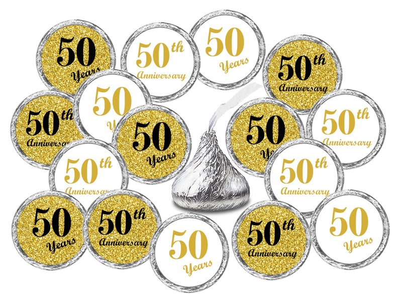 RokAPary 50th Anniversary Kisses Stickers, (Set of 216) Chocolate Drops Labels Stickers for 50th Wedding Anniversary, Party Favors Decor for Kisses. Made in USA - Image 1