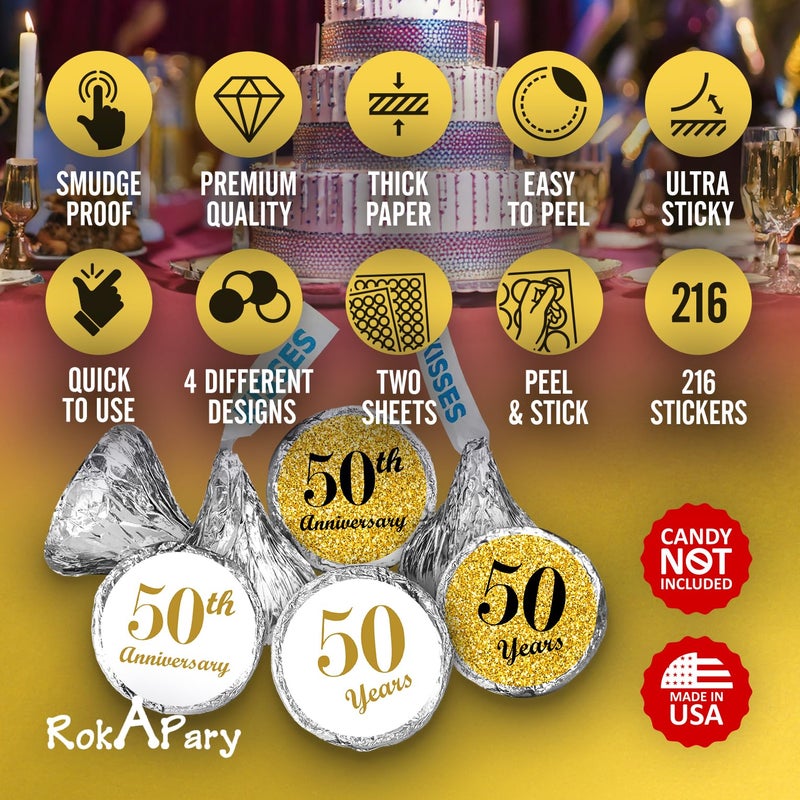 RokAPary 50th Anniversary Kisses Stickers, (Set of 216) Chocolate Drops Labels Stickers for 50th Wedding Anniversary, Party Favors Decor for Kisses. Made in USA - Image 4