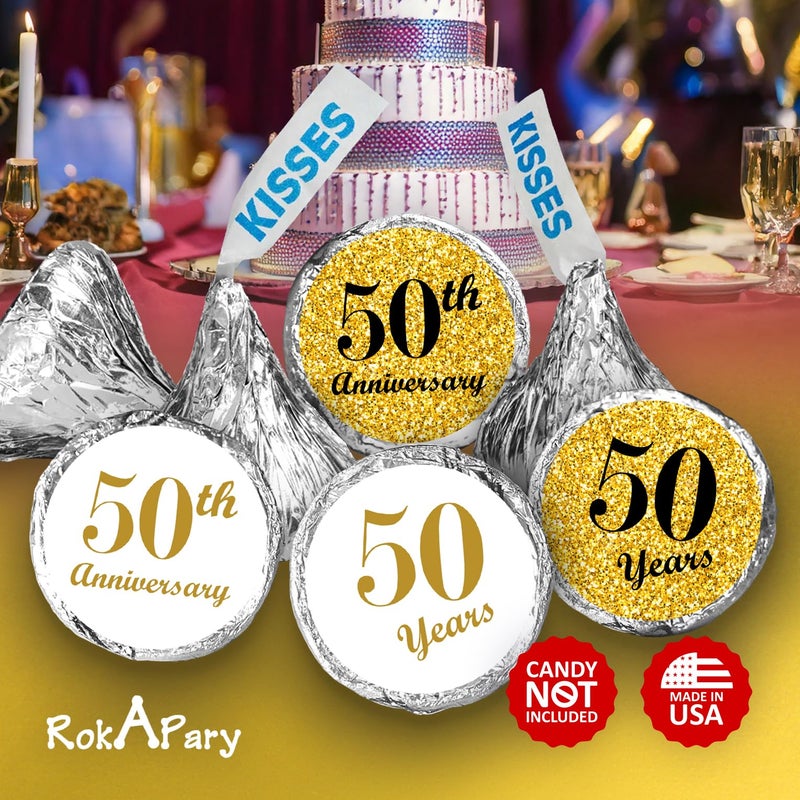 RokAPary 50th Anniversary Kisses Stickers, (Set of 216) Chocolate Drops Labels Stickers for 50th Wedding Anniversary, Party Favors Decor for Kisses. Made in USA - Image 2
