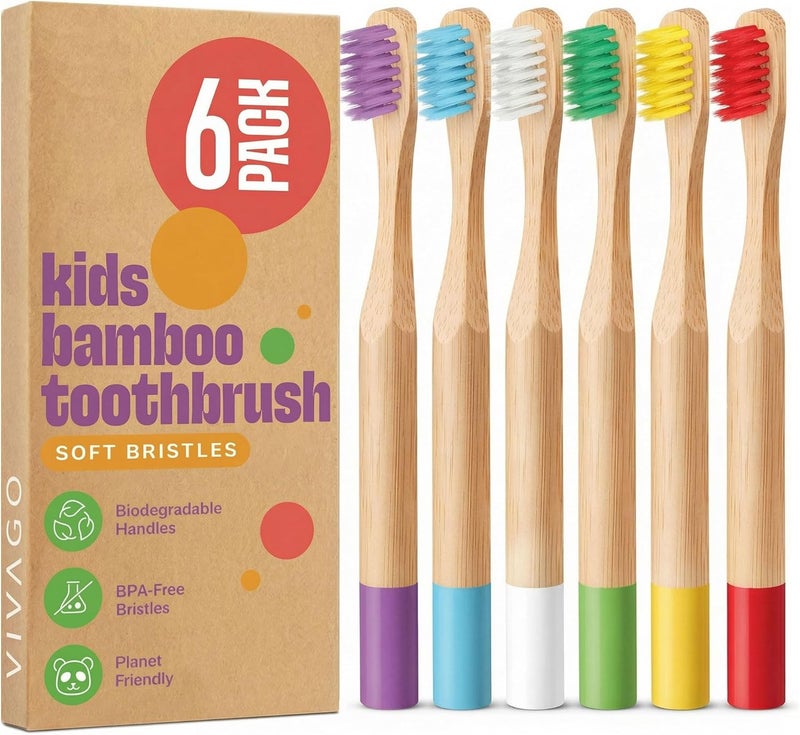 VIVAGO Kids Bamboo Toothbrush with Soft Bristles - 6 Pack of Colorful Eco-Friendly Toothbrushes - Image 1
