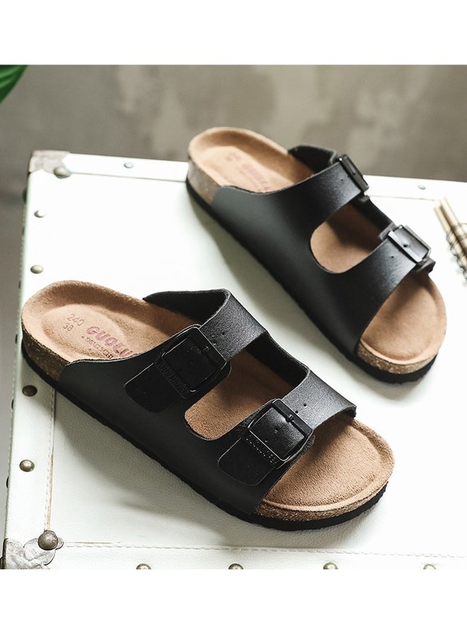 NIBEMINENT Cork Slippers for Men and Women with Double Row Belt Buckle Sandals, Beach Shoes, Haken Shoes Black  - Image 4