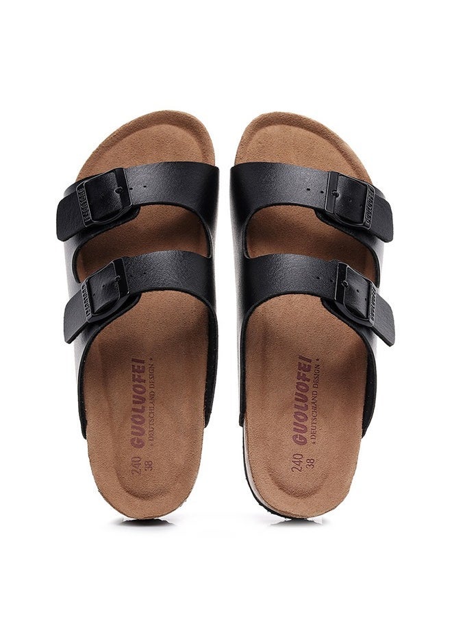 NIBEMINENT Cork Slippers for Men and Women with Double Row Belt Buckle Sandals, Beach Shoes, Haken Shoes Black  - Image 1