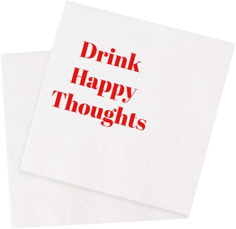 VOWFOO Funny Cocktail Napkins 100Pcs Funny Quotes Saying Disposable Paper Party Napkins 4.5 x 4.5 Two-ply (Drink Happy Thoughts Napkins) - Image 1