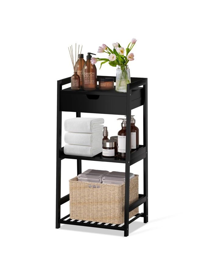 POXAKA Bathroom Shelves, 3 Tier Ladder Shelf with Drawers, Bamboo Bookshelf Open Shelving, Nightstand Bookcase End Table Plant Stand for Living Room, Bedroom, Bathroom, Kitchen (Classic Black) - Image 1