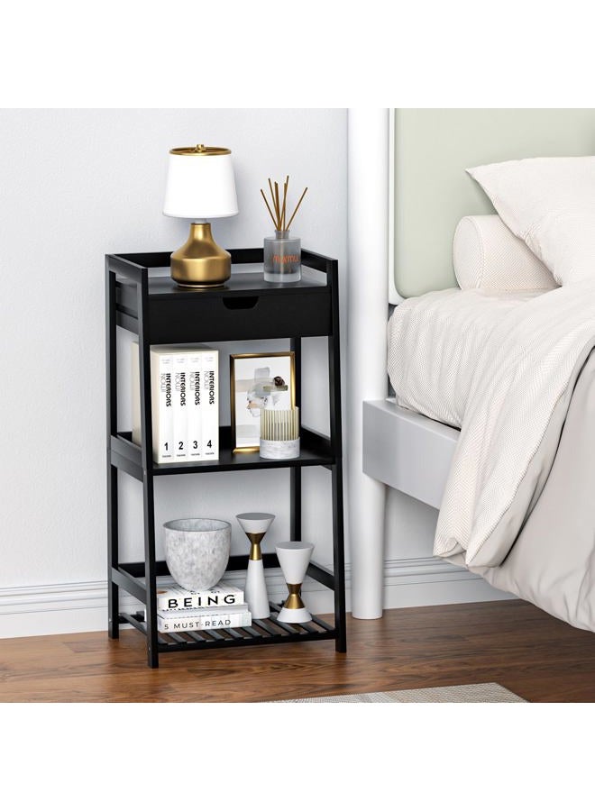 POXAKA Bathroom Shelves, 3 Tier Ladder Shelf with Drawers, Bamboo Bookshelf Open Shelving, Nightstand Bookcase End Table Plant Stand for Living Room, Bedroom, Bathroom, Kitchen (Classic Black) - Image 3