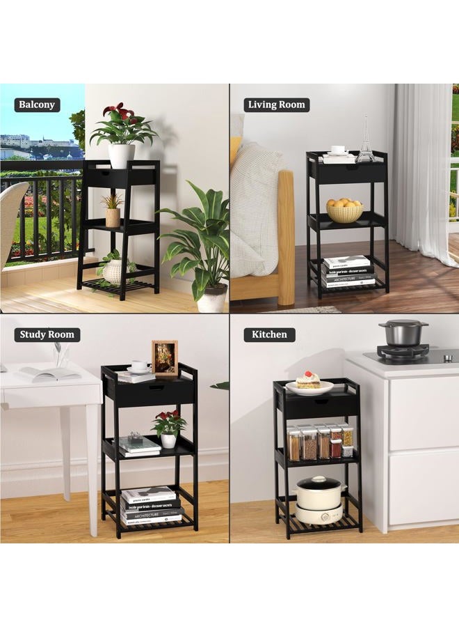 POXAKA Bathroom Shelves, 3 Tier Ladder Shelf with Drawers, Bamboo Bookshelf Open Shelving, Nightstand Bookcase End Table Plant Stand for Living Room, Bedroom, Bathroom, Kitchen (Classic Black) - Image 5