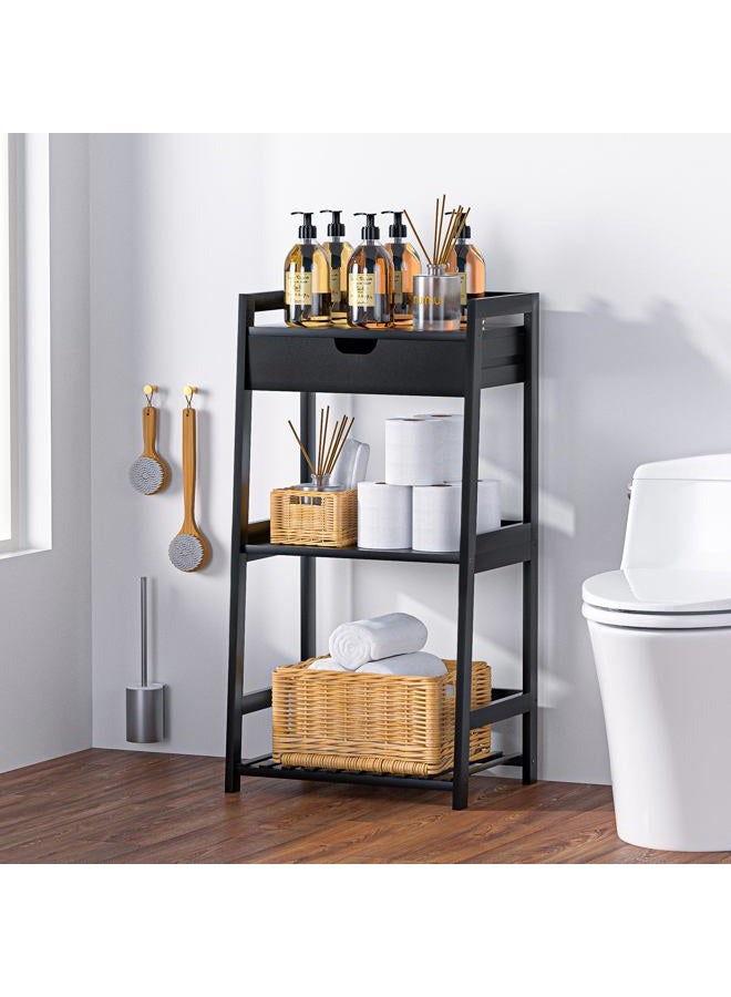 POXAKA Bathroom Shelves, 3 Tier Ladder Shelf with Drawers, Bamboo Bookshelf Open Shelving, Nightstand Bookcase End Table Plant Stand for Living Room, Bedroom, Bathroom, Kitchen (Classic Black) - Image 2