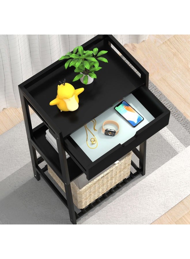 POXAKA Bathroom Shelves, 3 Tier Ladder Shelf with Drawers, Bamboo Bookshelf Open Shelving, Nightstand Bookcase End Table Plant Stand for Living Room, Bedroom, Bathroom, Kitchen (Classic Black) - Image 4