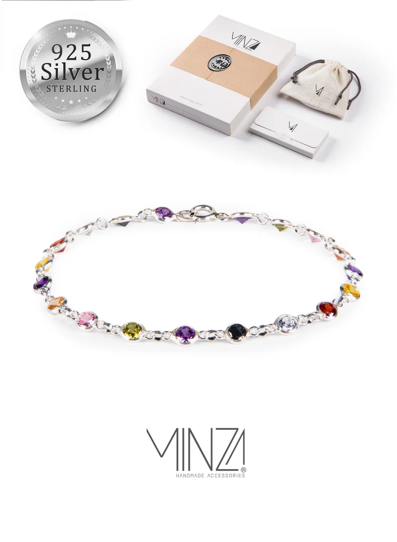 Minza Women’s Silver Bracelet, Sterling Silver 925 (3.00 g) with Multicolor Crystals, Cable Chain Bracelet, Jewelry for Casual & Special Occasion.