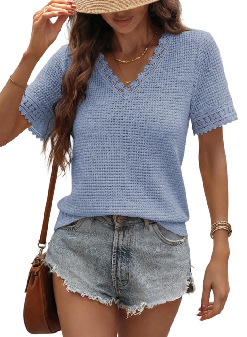 Dokotoo Womens Tops Spring Summer Lace Short Sleeve Waffle Knit T Shirts Trendy Cute Ladies Elegant Blouses for Women Dressy Casual Lightweight Comfy Tee Plus Size Fashion Clothes Blue Smalll - Image 1