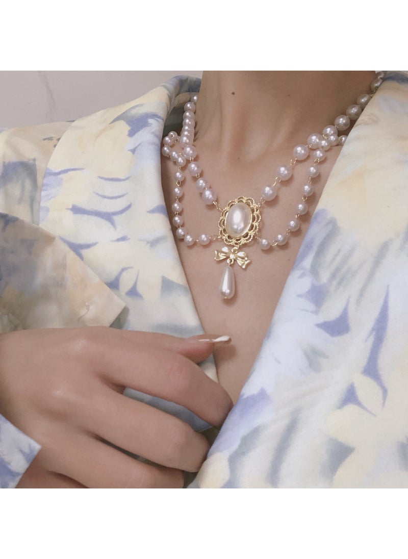 KUYING Vintage Pearl Studded Diamond Necklace 