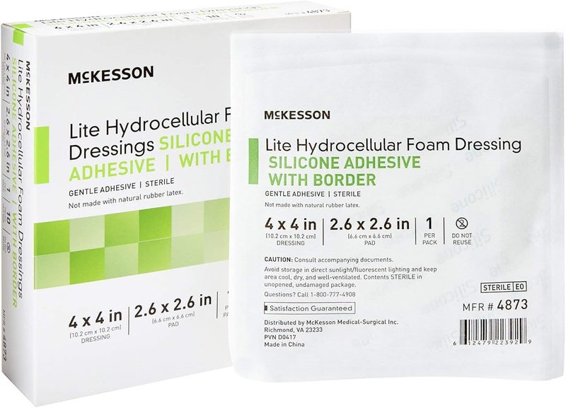 McKesson Lite Hydrocellular Foam Dressings, Sterile, Silicone Adhesive with Border, 4 in x 4 in, 10 Count, 1 Pack