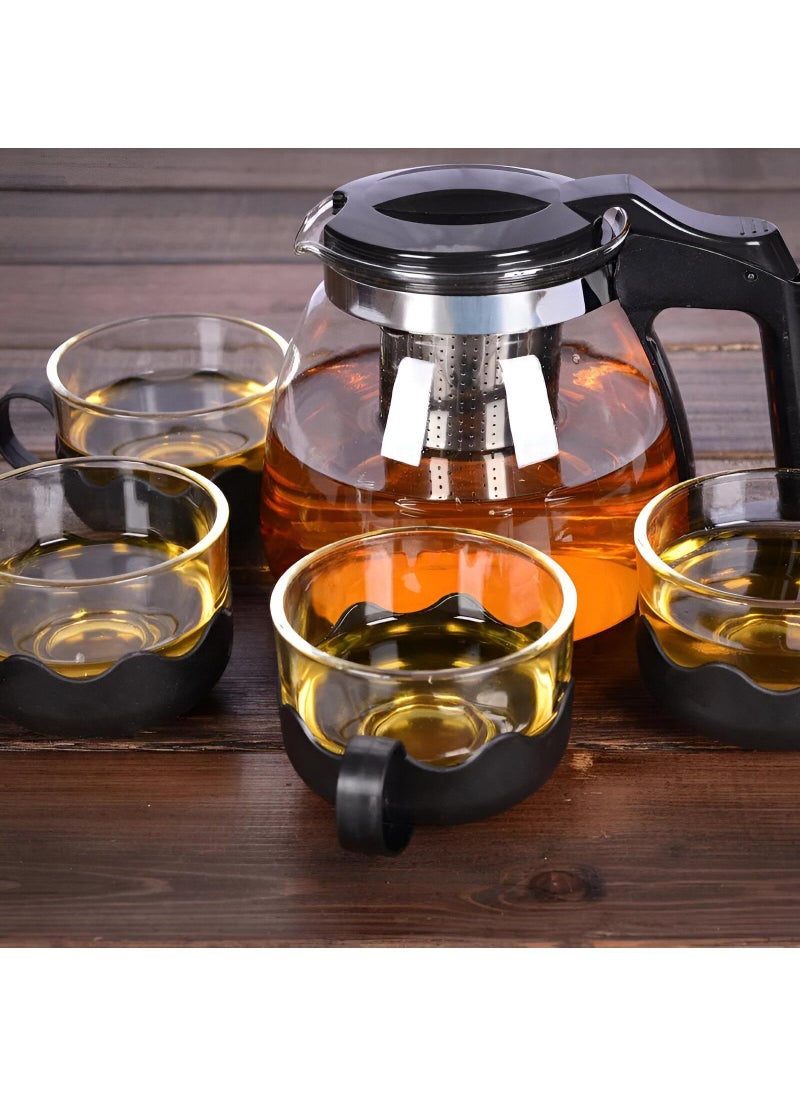 Refreshment Serving Set - Stylish Glass Jug With 4 Matching Cups And Built-In Stainless Steel Filter For Herbal Infusions, Mint, Hibiscus, And Teas For Elegant Beverage Serving