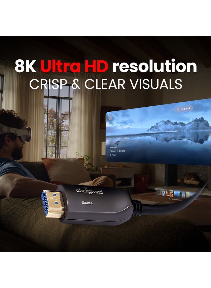 Abellgrand HDMI 5m AOC 8K 2.1 AGcon Cable comes with durable construction and ultra-sleek design. Abellgrand 8K/UHD/HDR OPTICAL 8K 2.1 HDMI Hybrid cables utilize fiber to transmit HDMI data and clock portions of the signal. Supports 8K@60Hz/ 48Gbps, 4K@120Hz/18Gbps Compatible with HDMI 2.1 Units: Transmitter (Source) Receiver (Display) Video Bandwidth: 48Gbps, (12 Gbps/x4 Channel FRL) Watch 8K video contents, game console, laptop or tablet on an Ultra HD television, monitor or projector. - Image 4