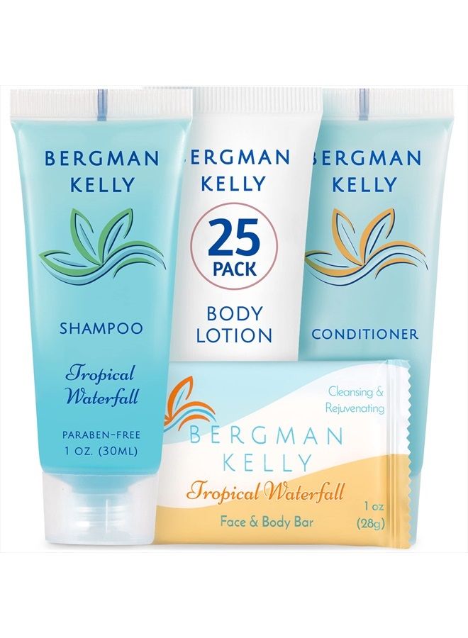 BERGMAN KELLY Hotel Toiletries Bundle (Tropical Waterfall, 1 oz each, 100 Pcs) 4-Piece Set: 25 Rectangular Bar Soap, 25 Shampoo, 25 Conditioner & 25 Body Lotion - Bulk Mini Guest Amenities Supply - Image 1