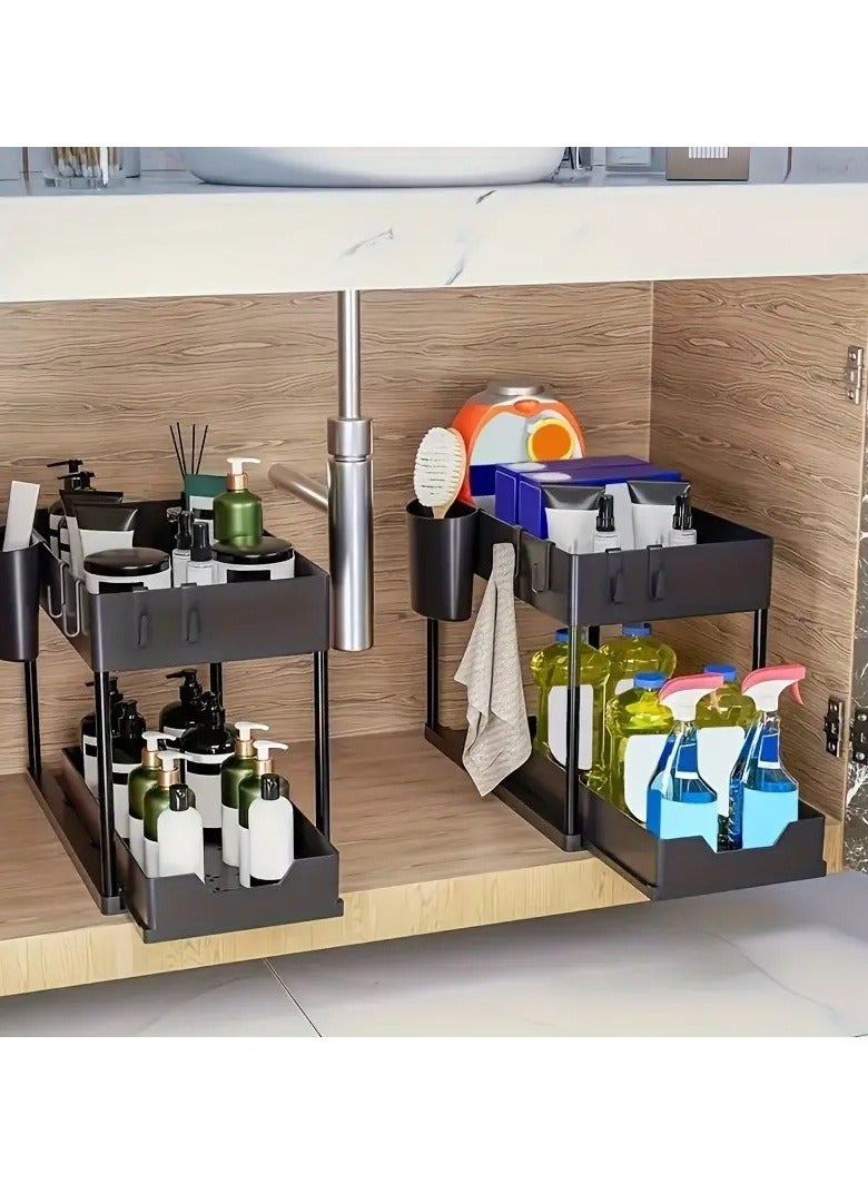 Under Sliding Cabinet Basket Organizer 2-Tier with 5 Hooks& 2 Cup, Pull Out Drawer Storage for Kitchen/Bathroom Sink, Black Space-Saving Organizer (Multi-Purpose) - Image 4