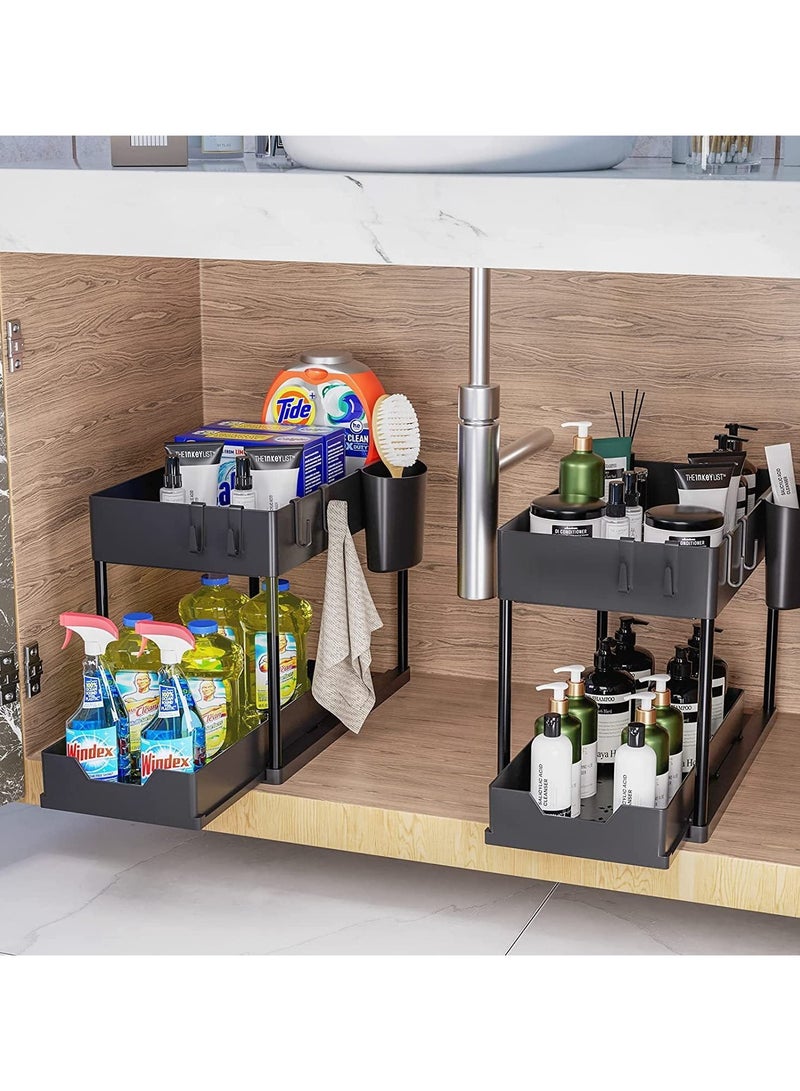 Under Sliding Cabinet Basket Organizer 2-Tier with 5 Hooks& 2 Cup, Pull Out Drawer Storage for Kitchen/Bathroom Sink, Black Space-Saving Organizer (Multi-Purpose) - Image 3