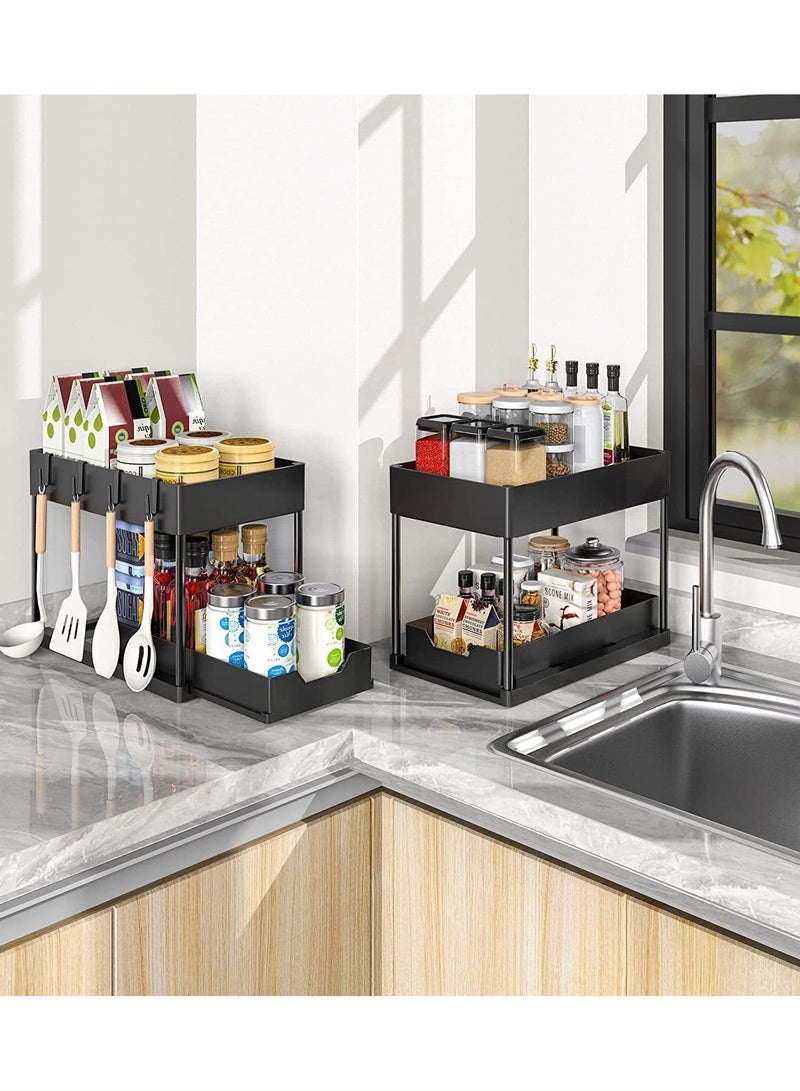 Under Sliding Cabinet Basket Organizer 2-Tier with 5 Hooks& 2 Cup, Pull Out Drawer Storage for Kitchen/Bathroom Sink, Black Space-Saving Organizer (Multi-Purpose) - Image 5