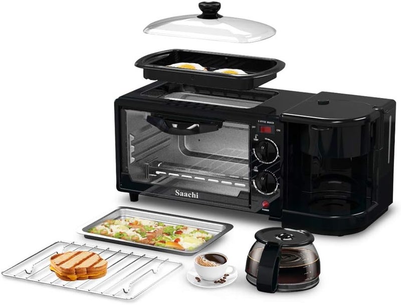 Saachi 3 in 1 Breakfast Machine with Coffee Maker, Non-Stick Griddle, Mini Oven Toaster 9L, Multi-Functional Breakfast Maker with Timer & Temperature Control – NL-BS-2951 - Image 1