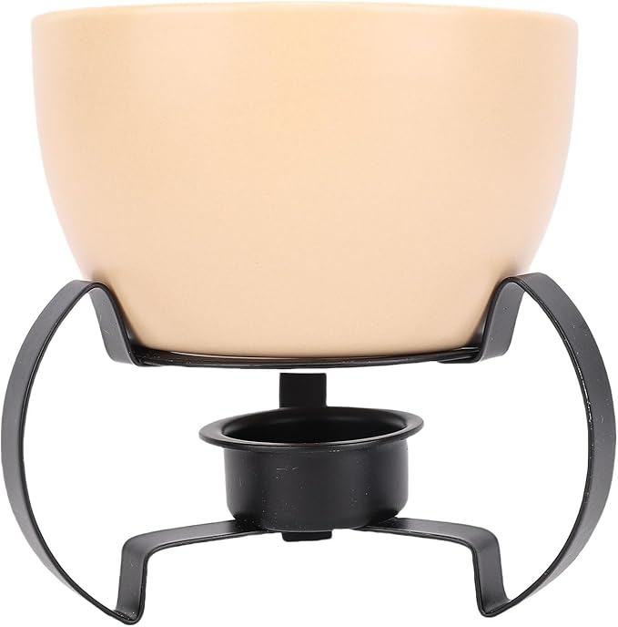 Beige Ceramic Cheese Fondue Pot Hand Painted Melting Pot Detachable Metal Stand - Image 1