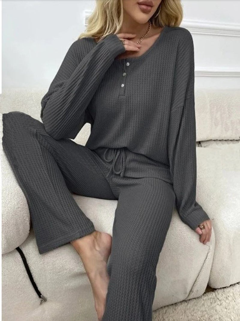 Autumn in stock 2024 Europe and America  Home Wear Womens Waffe Knitted Jacket Lace-up Pants Two-piece Set Dark gray - Image 1