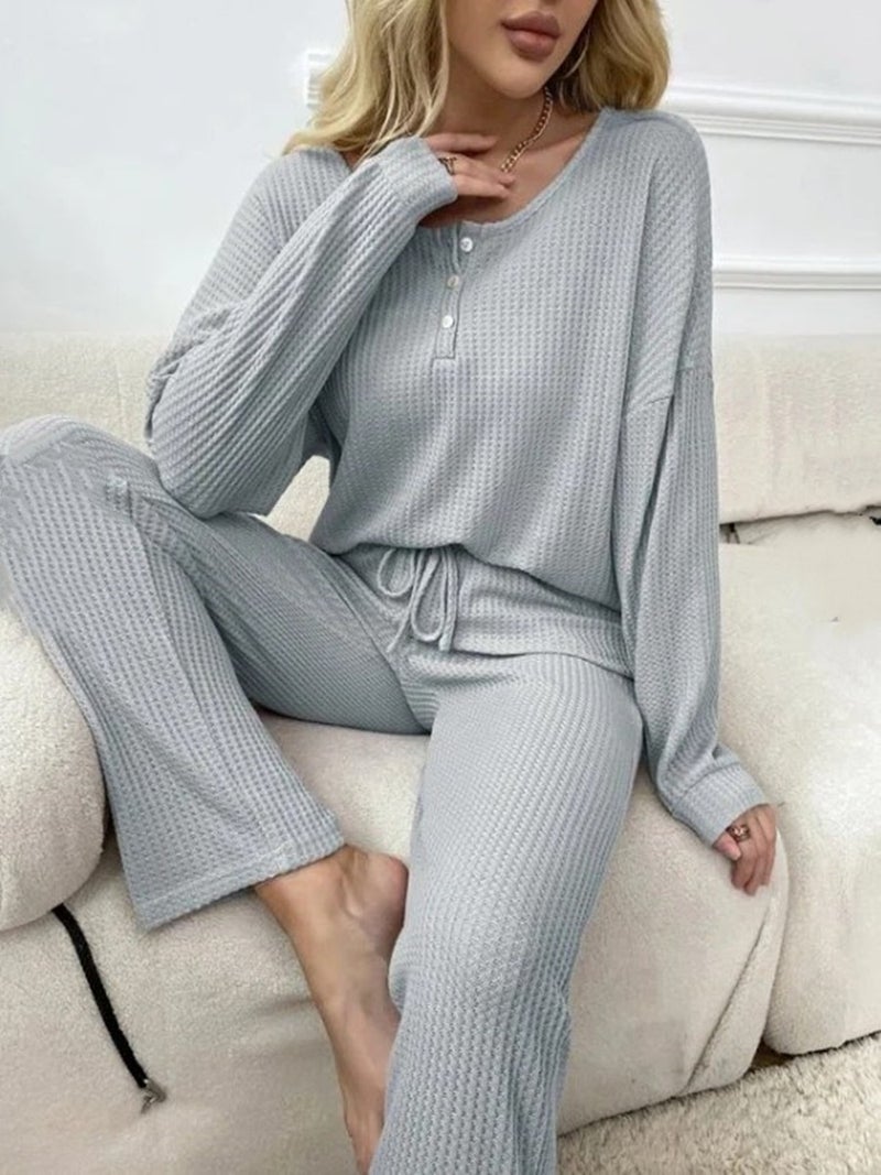 Autumn in stock 2024 Europe and America  Home Wear Womens Waffe Knitted Jacket Lace-up Pants Two-piece Set Dark gray - Image 2