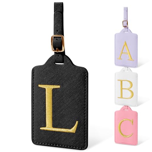 Iqimott Personalized Initial Luggage Tags for Suitcases, Cute PU Leather Embroidered Letter Travel Luggage Tags, Suitcase Identifier Name Baggage Tag, Bag Tags for Men Women Kids Luggage Handbags(Black L) - Image 1