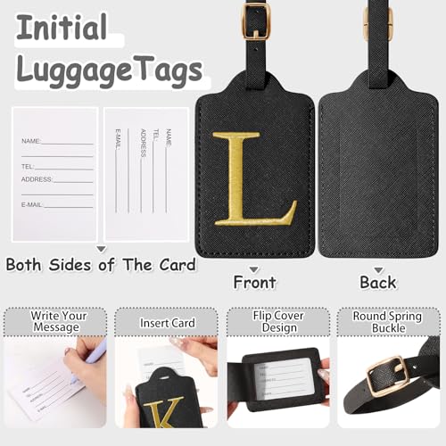 Iqimott Personalized Initial Luggage Tags for Suitcases, Cute PU Leather Embroidered Letter Travel Luggage Tags, Suitcase Identifier Name Baggage Tag, Bag Tags for Men Women Kids Luggage Handbags(Black L) - Image 3