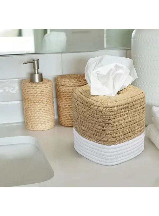 Cotton Hand Woven Decorative Tissue Box Cover Square Shape for Home Tabletop Storage - Image 3