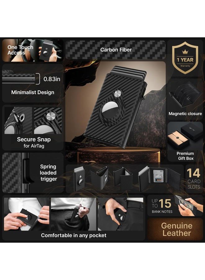 typecase Mens Smart Wallet Card Holder for AirTag: Leather, Compatible with Apple Air Tag, RFID Blocking, Slim, Carbon Fiber, Minimalist - 9-14 Card Capacity | ID Window | Cash Slot (Black) - Image 2