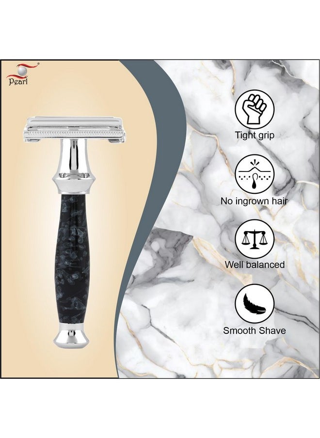 PEARL - Men Shaving Double Edge Safety Razor (Ss-95 Marble Black) | Proudly Made In India | Brass Metal Chrome Plating | Classic And Razor | Butterfly Safety Razor | 10 Platinum Coated - Image 1