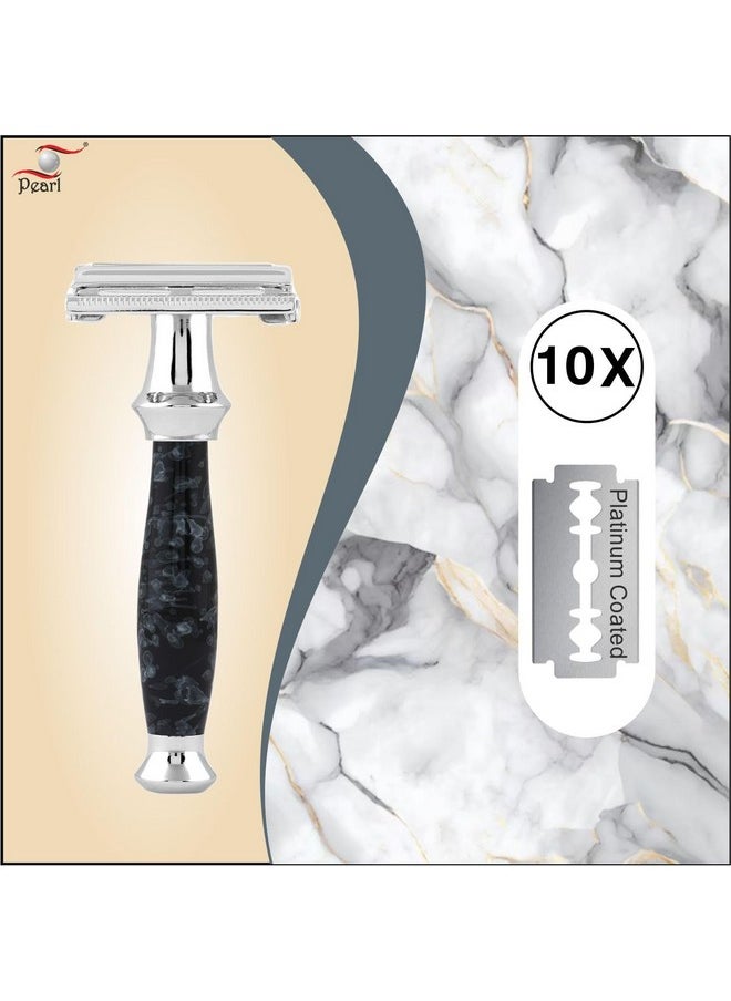 PEARL - Men Shaving Double Edge Safety Razor (Ss-95 Marble Black) | Proudly Made In India | Brass Metal Chrome Plating | Classic And Razor | Butterfly Safety Razor | 10 Platinum Coated - Image 1