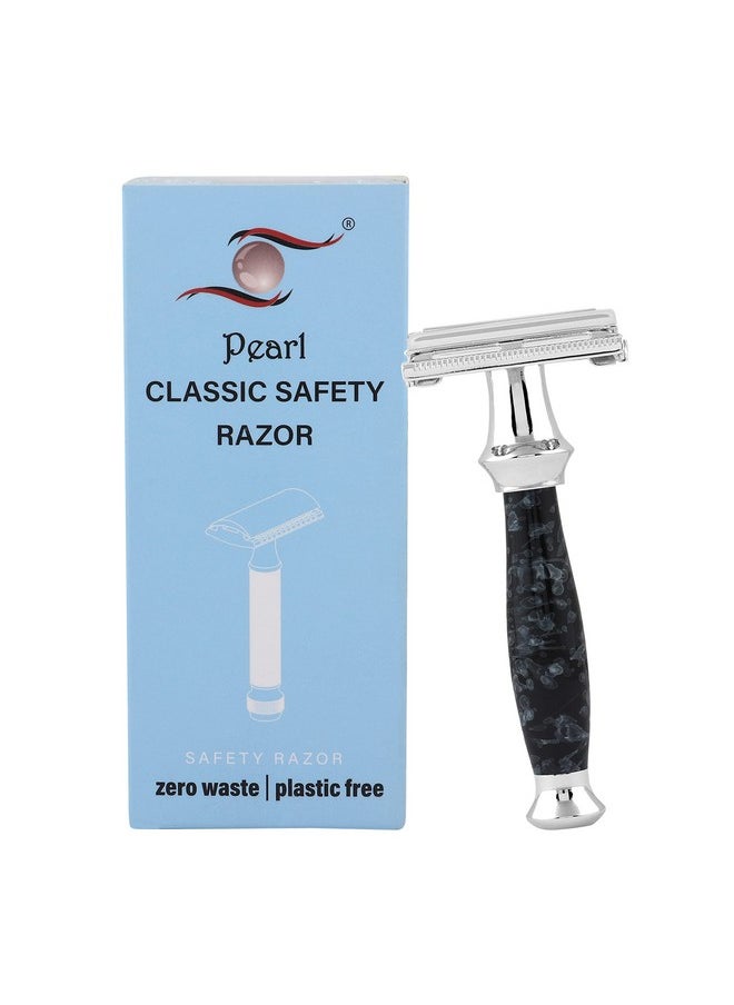 PEARL - Men Shaving Double Edge Safety Razor (Ss-95 Marble Black) | Proudly Made In India | Brass Metal Chrome Plating | Classic And Razor | Butterfly Safety Razor | 10 Platinum Coated - Image 1