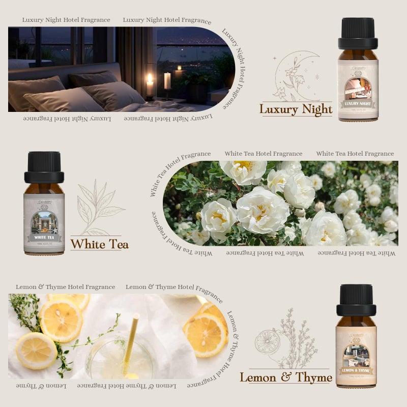 SALUBRITO Hotel Fragrance Oil Set, Luxury Essential Oil Set for Diffuser, Candle, Soap Making Scents, Luxury Night, White Tea, Lemon & Thyme, Citrus Bliss, Hotel Lobby, Jasmine & Mint, Strong Scented - Image 2