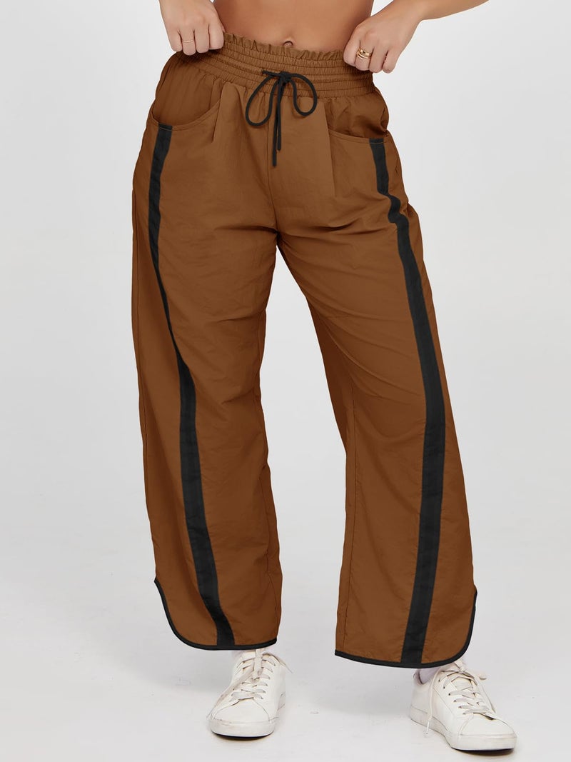 Fisoew Women's Baggy Wide Leg Pants Casual Drawstring Elastic Waisted Contrast Color Workout Y2K Track Pants Camel - Image 5