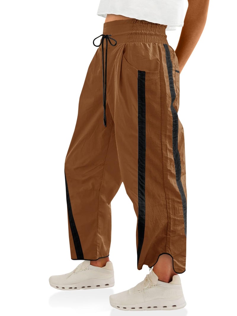 Fisoew Women's Baggy Wide Leg Pants Casual Drawstring Elastic Waisted Contrast Color Workout Y2K Track Pants Camel - Image 1
