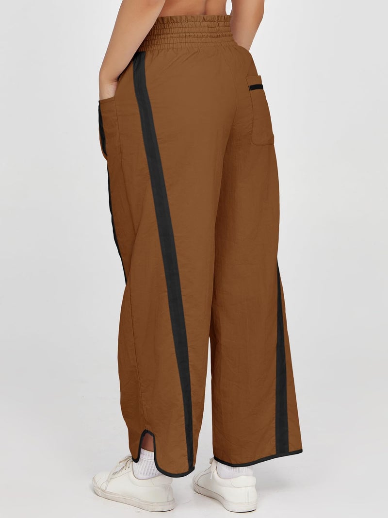 Fisoew Women's Baggy Wide Leg Pants Casual Drawstring Elastic Waisted Contrast Color Workout Y2K Track Pants Camel - Image 2