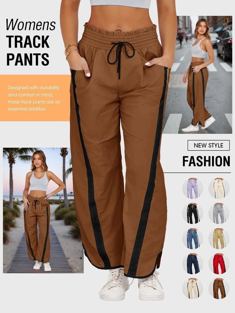 Fisoew Women's Baggy Wide Leg Pants Casual Drawstring Elastic Waisted Contrast Color Workout Y2K Track Pants Camel - Image 4