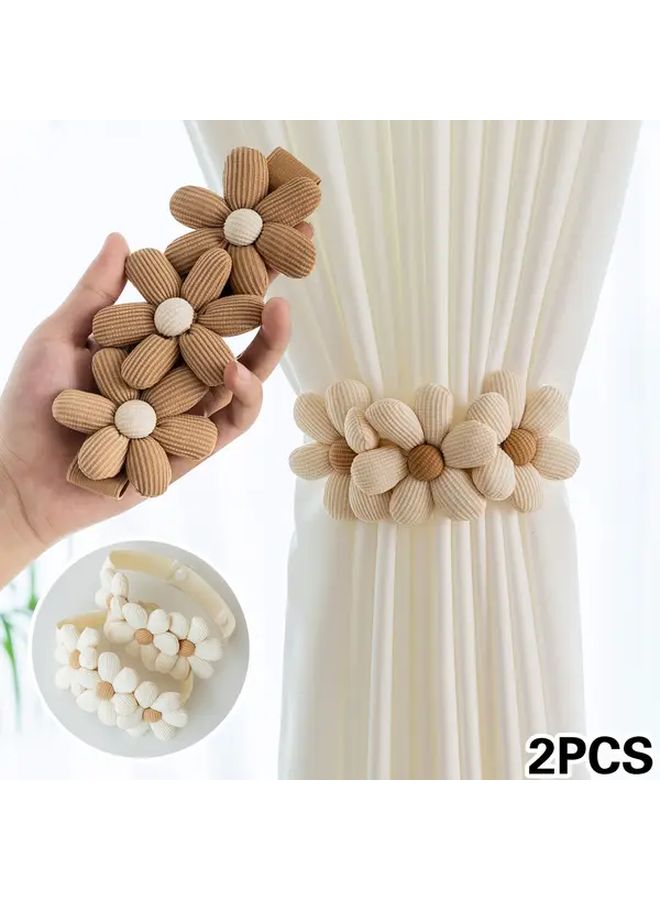 Brown Three Flowers Adjustable Snap Button Curtain Ties No Drill Elastic Holders Bohemian Style - Image 1