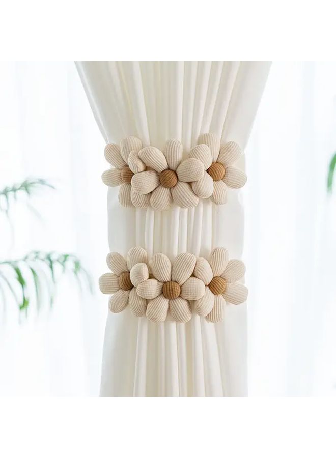 Brown Three Flowers Adjustable Snap Button Curtain Ties No Drill Elastic Holders Bohemian Style - Image 5
