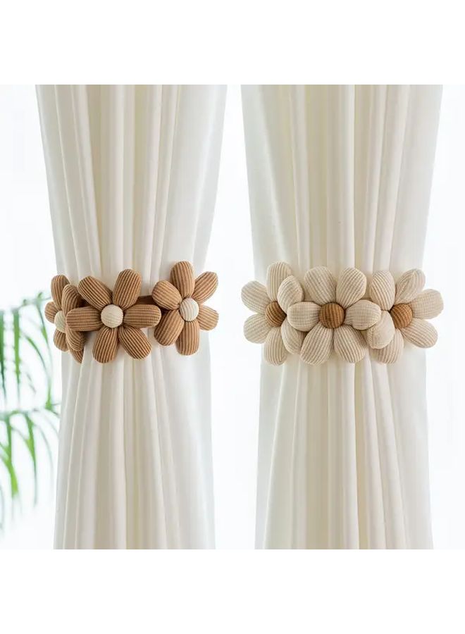 Brown Three Flowers Adjustable Snap Button Curtain Ties No Drill Elastic Holders Bohemian Style - Image 2