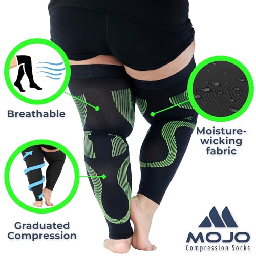 Mojo Compression socks Mojo Compression Full Leg Sleeve for Men and Women 20-30mmHg - Footless Thigh High Compression Socks for Diabetic, Varicose Veins Circulation, Swelling - Black/Green, Medium - A609 - Image 3