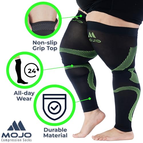 Mojo Compression socks Mojo Compression Full Leg Sleeve for Men and Women 20-30mmHg - Footless Thigh High Compression Socks for Diabetic, Varicose Veins Circulation, Swelling - Black/Green, Medium - A609 - Image 4