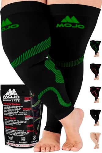 Mojo Compression socks Mojo Compression Full Leg Sleeve for Men and Women 20-30mmHg - Footless Thigh High Compression Socks for Diabetic, Varicose Veins Circulation, Swelling - Black/Green, Medium - A609 - Image 1