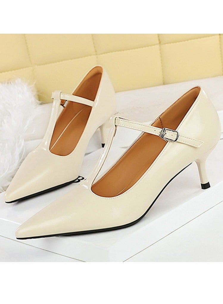 BIGTREE Women's Closed Pointed Toe Mid Heels With T-Ankle Straps Stiletto Pumps Cream White 5CM - Image 1