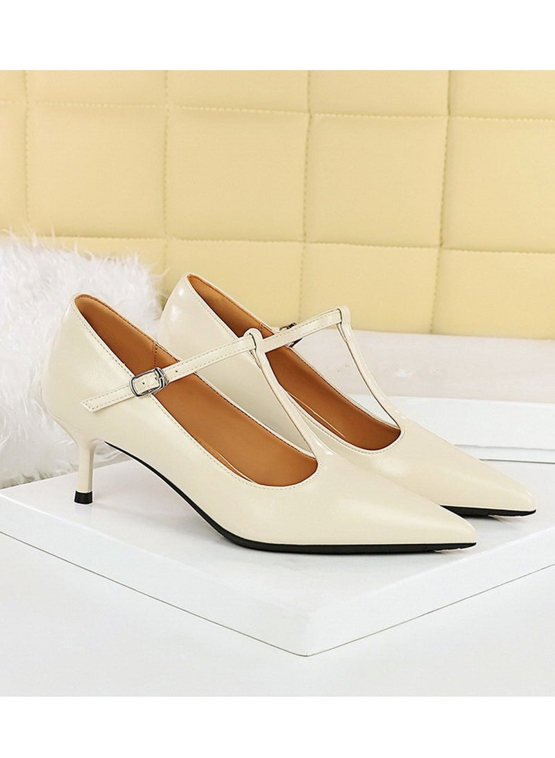 BIGTREE Women's Closed Pointed Toe Mid Heels With T-Ankle Straps Stiletto Pumps Cream White 5CM - Image 2