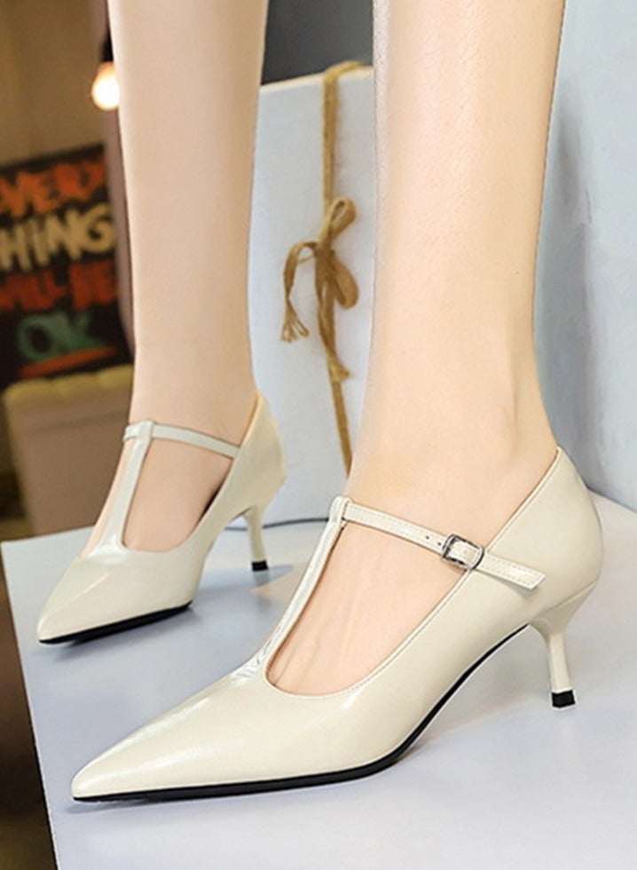 BIGTREE Women's Closed Pointed Toe Mid Heels With T-Ankle Straps Stiletto Pumps Cream White 5CM - Image 3