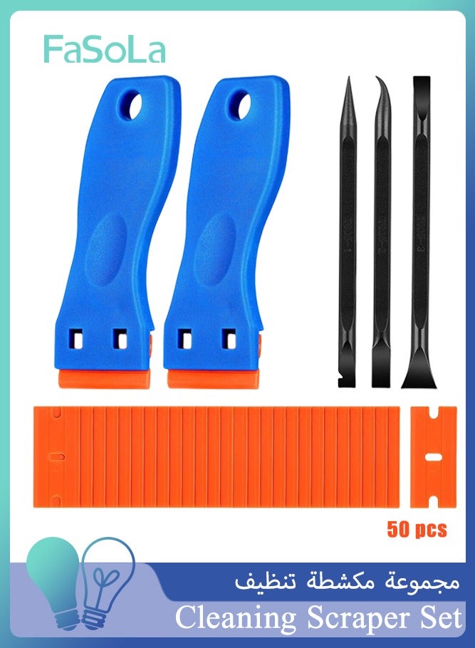 Fasola Plastic Razor Blades Sc, Cleaning Scraper Set, Sc Tool Cleaning Scraper with 50 Pcs Plastic Blades, Paint Labels Sc Removal Tool for Stickers, Glass, Car, Window - Image 1